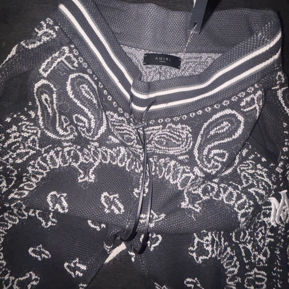 AMIRI Gray Zip Up Sweater with Paisley Design